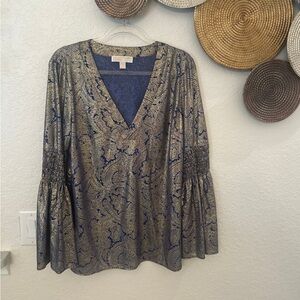 Michael Kors metallic paisley print bell sleeve top blue and gold size Large
